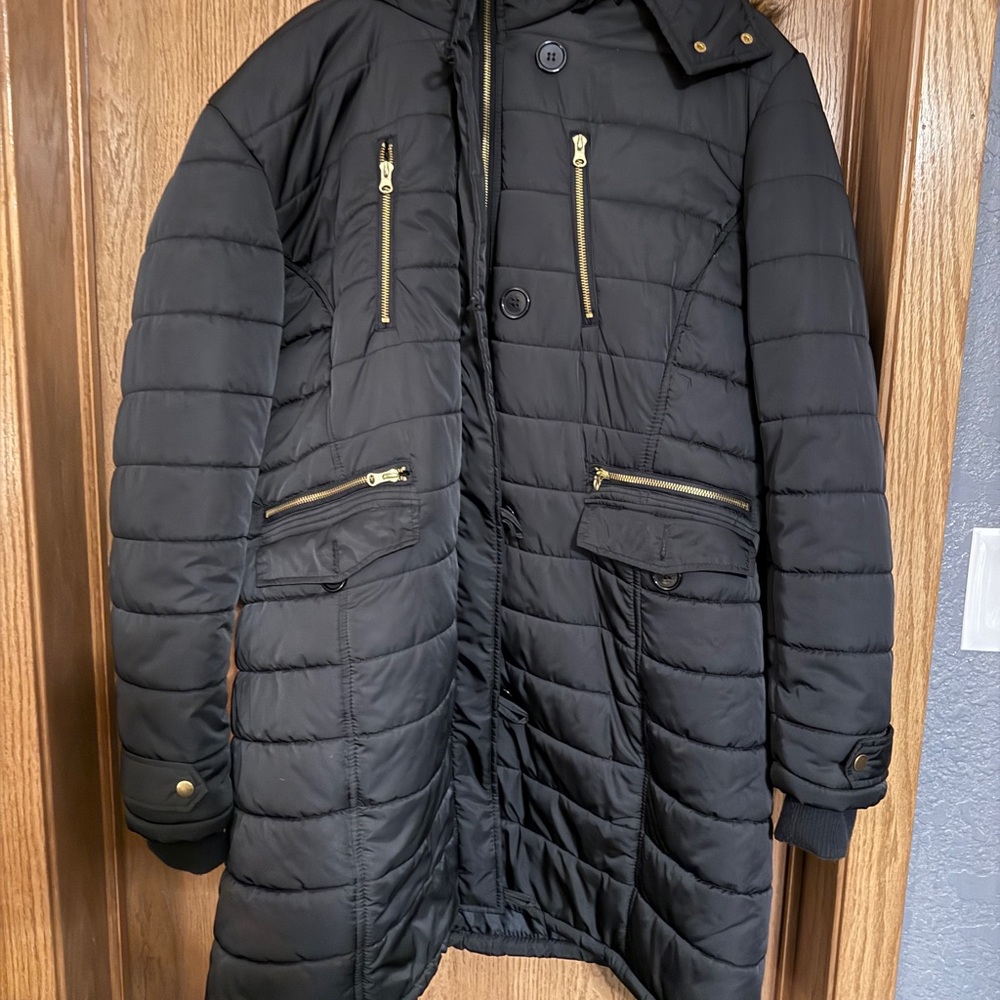 Women's Black Puffer Coat with Gold Accents